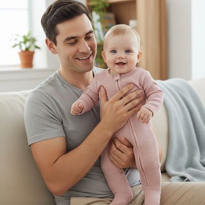 Papa assis souriant portant bébé joyeux vêtu pyjama bébé Doudou Nuit rose