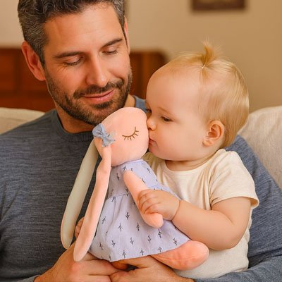 Papa avec son bébé en complicité avec peluche lapin Douceur Réconfortant
