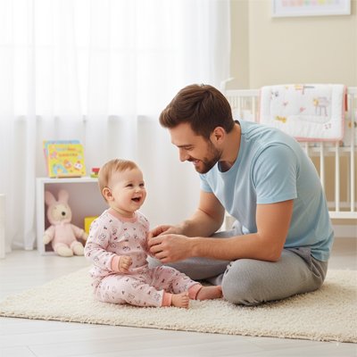 Papa et sa fillette vêtu Pyjama bébé Doux Rêves échangeant moment complicité