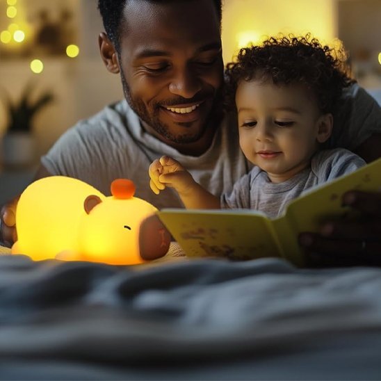 papa  faisant lecture a enfant avec veilleuse bebe capybara