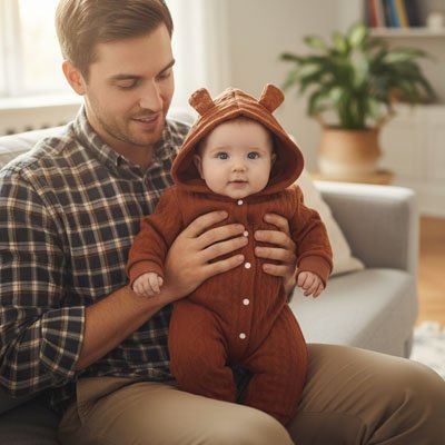Papa heureux tenant dans bras son bébé vêtu pyjama bébé Douces Nuits marron