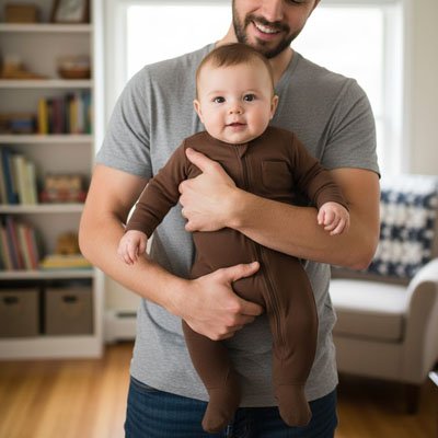 Papa heureux tenant dans ses bras fils vêtu pyjama bébé garçon Coton Douillet marron