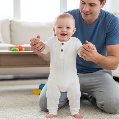 Papa tenant debout enfant vêtu pyjama bebe Coton Bio Ultra Doux bleu
