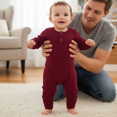 Papa tenant debout enfant vêtu pyjama bebe Coton Bio Ultra Doux rouge