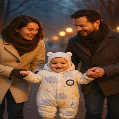 parents avec leur enfant dans nid d ange premium cocon hiver lors sortie hivernale