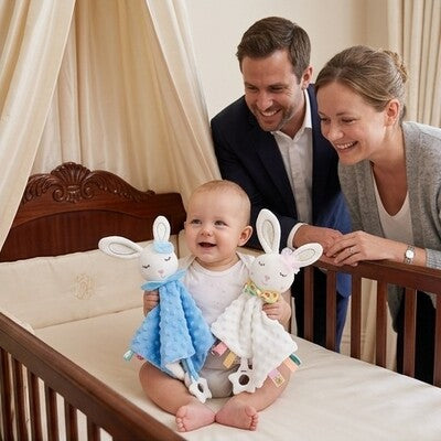 Parents heureux admirant bébé joyeux avec ses lapin doudou tout doux bleu et blanc