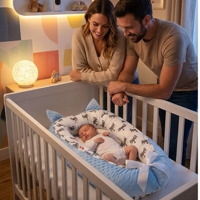 Parents heureux admirant bébé  sereinement endormi dans nid d'ange bébé cocon relaxant posé dans berceau