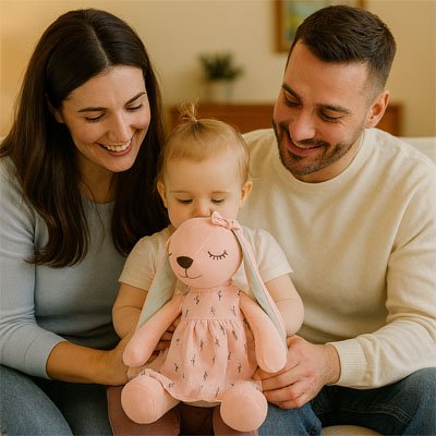 Parents heureux avec leur enfant contemplant peluche lapin Douceur Réconfortant