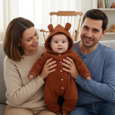 Parents heureux en compagnie de bébé vêtu pyjama bébé Douces Nuits marron