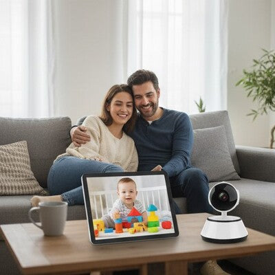 Parents heureux partageant moment intimité au salon et surveillant bébé grâce moniteur caméra surveillance bébé full hd nocturne