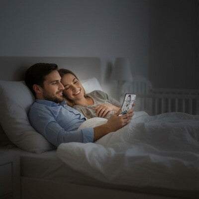 Parents heureux partageant moment intimité dans chambre et surveillant bébé grâce vision nocturne caméra surveillance bébé full hd nocturne