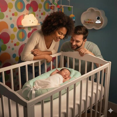 Parents joyeux observant bébé endormi dans nid d'ange bébé coton évolutif posé dans berceau