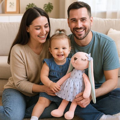 Parents souiants et fillette heureuse tenant peluche lapin Douceur Réconfortant dans ses bras