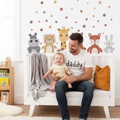 Père heureux assis avec bébé souriant sur le fauteuil devant mur orné avec stickers muraux enfant animaux savane