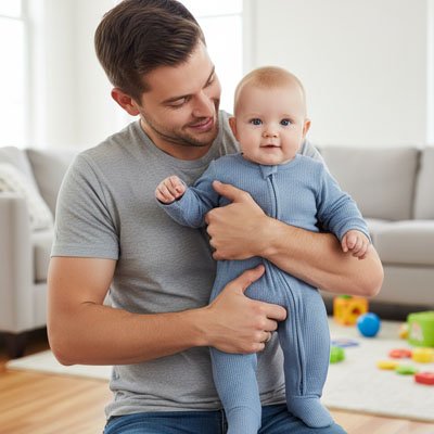 Père heureux et comblé tenant dans bras bébé vêtu pyjama bébé Doudou Nuit bleu