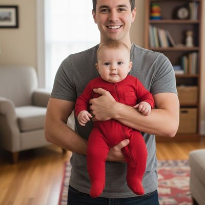 Père heureux tenant dans ses bras son fils vêtu pyjama bébé garçon Coton Douillet rouge