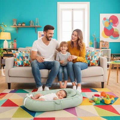 Père, mère et fils assis sur fauteuil observant bébé couché dans nid d'ange bébé coton évolutif