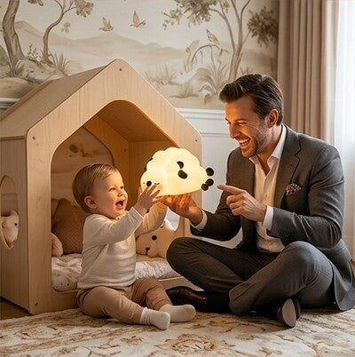 Père partageant un moment complicité avec bébé souriant autour veilleuse bébé compagnon apaisant