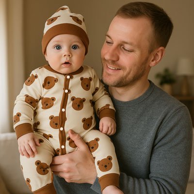 Scène tendresse familiale avec nouveau-né portant Pyjama bébé garçon doudou beige aux motifs oursons