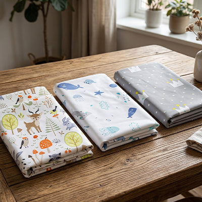 Trois motifs du drap housse lit bébé doux et respirant exposés sur une table