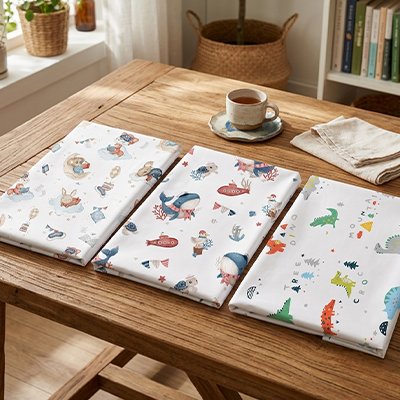 Trois variantes du drap housse lit bébé douceur plus exposées sur une table 