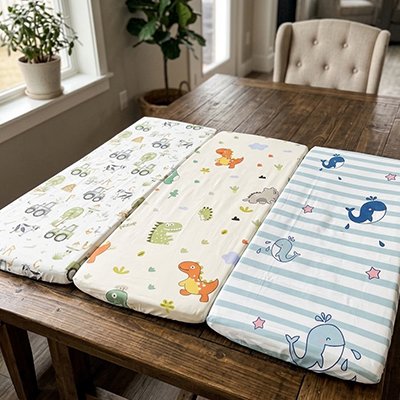 Trois variantes du drap housse lit bébé douceur sécurisée exposées sur une table