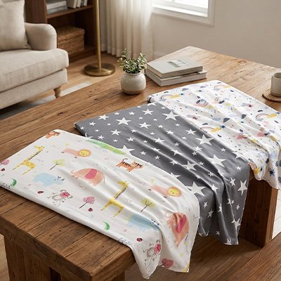 Trois variantes du drap housse lit bébé douceur premium exposées sur une table