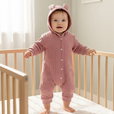 Bébé debout dans son lit vêtu pyjama bébé Douces Nuits rose