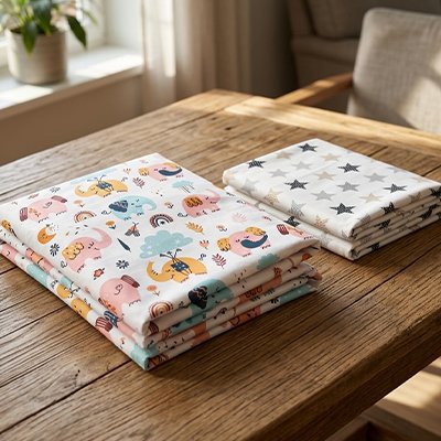 Variantes étoiles et éléphant du drap housse lit bébé ultra-doux exposées sur une table