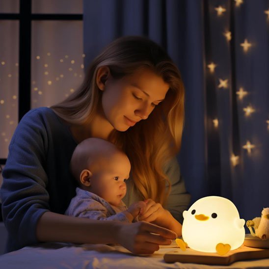 maman et enfant heureux et illumines par veilleuse bebe douce nuit