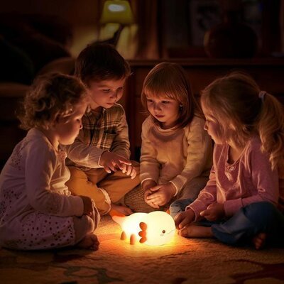 enfants communiant autour de veilleuse bebe lumiex