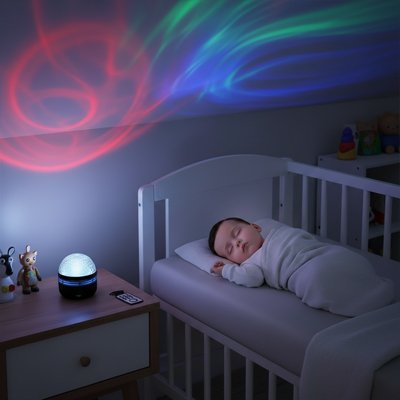 bebe sereinement couche dans univers special cree par la veilleuse projection ciel etoile magique