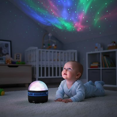 bebe emerveille par la veilleuse projection ciel etoile magique