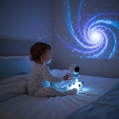 plafond de chambre enfant transforme par veilleuse projection galactique