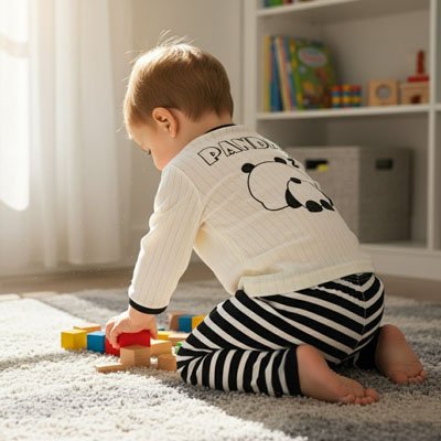 Vue arrière enfant vêtu pyjama bébé coton doux à genoux et jouant jeux construction