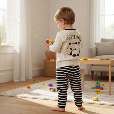 Vue arrière enfant vêtu pyjama bébé coton doux debout et jouant avec jouets multicolore