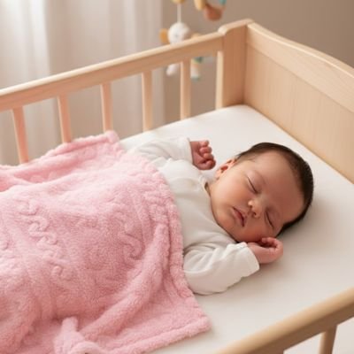 Vue en plongée bébé cheveux foncés dormant dans lit en bois partiellement recouvert couverture bébé nature douce rose texturée