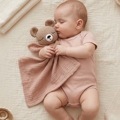 Vue face bébé endormi avec doudou bébé tendresse plus couleur brique dans bras