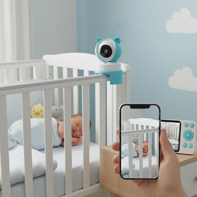Vue profil bébé endormi dans son lit sous surveillance caméra bébé vision complète tenu par main adulte