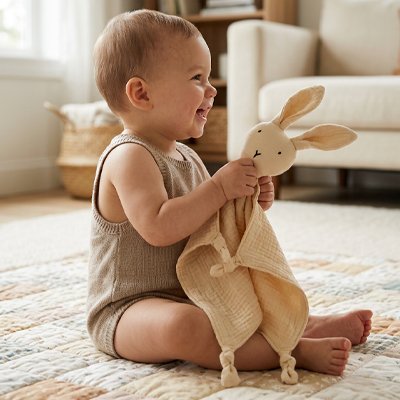 Vue profil de bébé souriant assis sur tapis avec doudou lapin compagnon apaisant beige dans les bras et un fauteuil beige en arrière plan