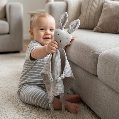 Vue profil de bébé souriant assis sur tapis près du fauteuil et tenant doudou lapin compagnon apaisant gris dans la main droite