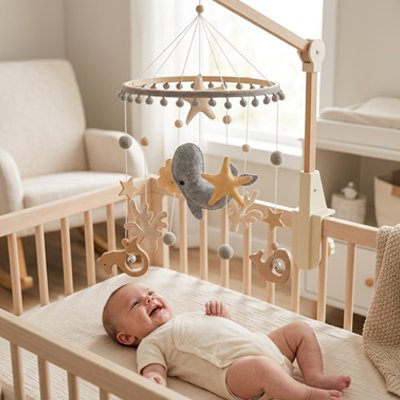 Vue profil de bébé souriant vêtu de blanc couché sur le dos dans son lit et admirant le mobile bébé apaisant baleine grise suspendu sur le lit