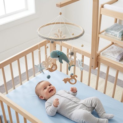 Vue profil de bébé souriant vêtu de bleu couché sur le dos dans son lit et admirant mobile bébé apaisant baleine bleu suspendu sur le lit