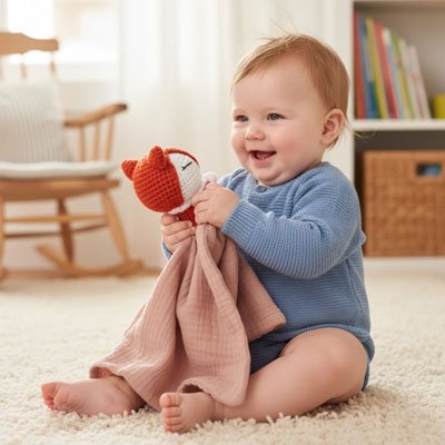 Vue profil bébé vêtu de bleu assis et joyeux avec son Doudou Renard Coton Bio apaisant rose