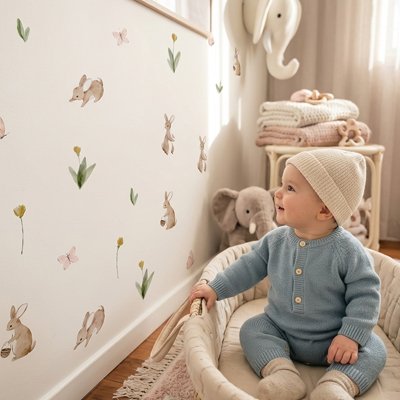 Vue profil de bébé assis dans nid d'ange admiratif belle décoration stickers muraux enfant univers apaisant