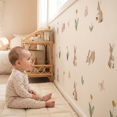 Vue profil de bébé hypnotisé par belle décoration stickers muraux enfant univers apaisant