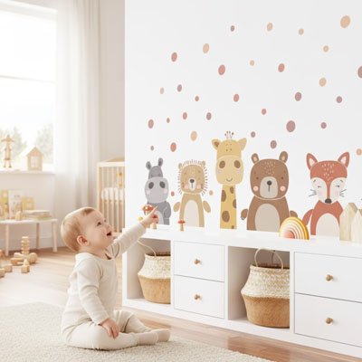 Vue profil de bébé souriant assis sur tapis et pointant mur orné avec stickers muraux enfant animaux savane