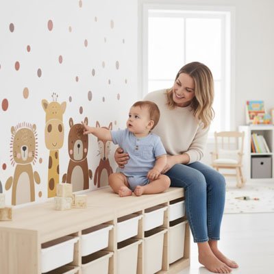 Vue profil de maman souriante assise sur commode avec bébé pointant mur orné avec stickers muraux enfant animaux savane