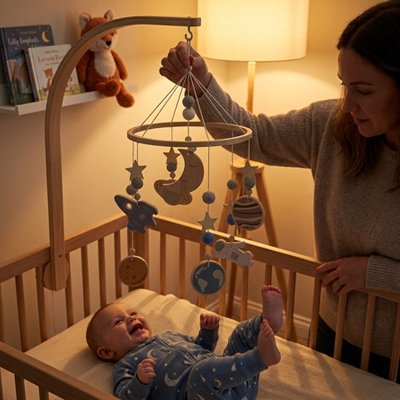 Vue profil droit de bébé dans son lit dans la chambre éclairée par une veilleuse et observant sa mère qui règle le mobile bébé univers apaisant sur le lit