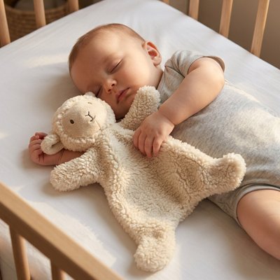 Vue profil droit de bébé endormi avec doudou bébé compagnon fidèle dans les bras